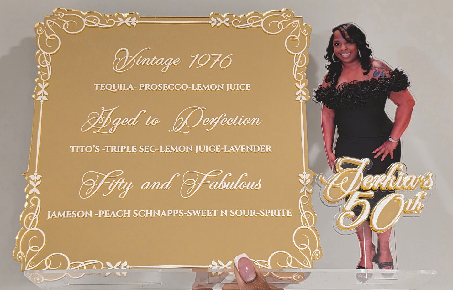 Custom Luxe Acrylic Birthday Drink Menu with Photo Standee