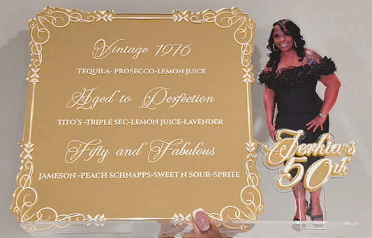 Custom Luxe Acrylic Birthday Drink Menu with Photo Standee